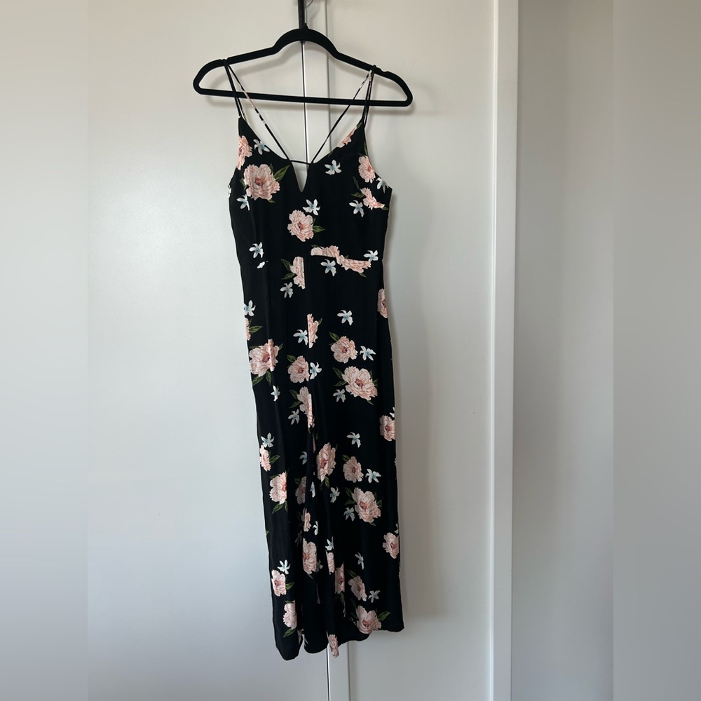 Black Floral Strappy Maxi Romper -Pink Flower Print